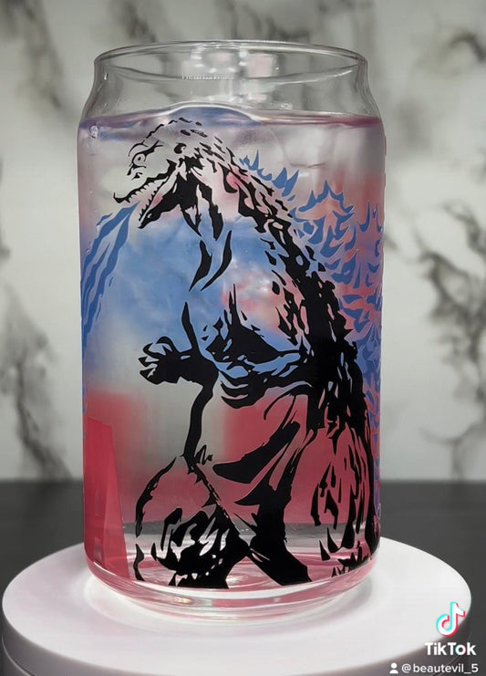 Gojira Godzilla color changing permanent vinyl on a libbey beer can glass