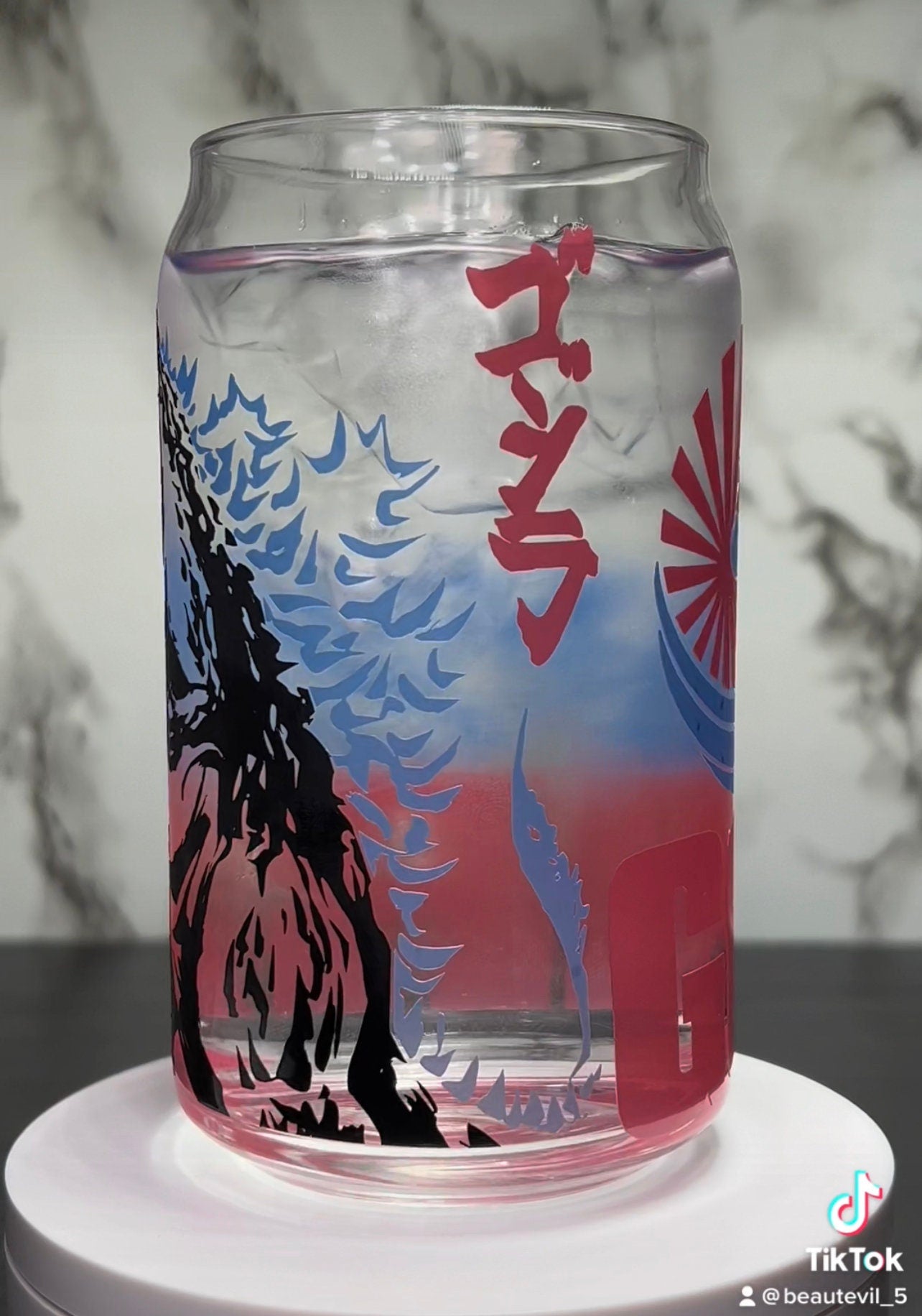 Gojira Godzilla color changing permanent vinyl on a libbey beer can glass
