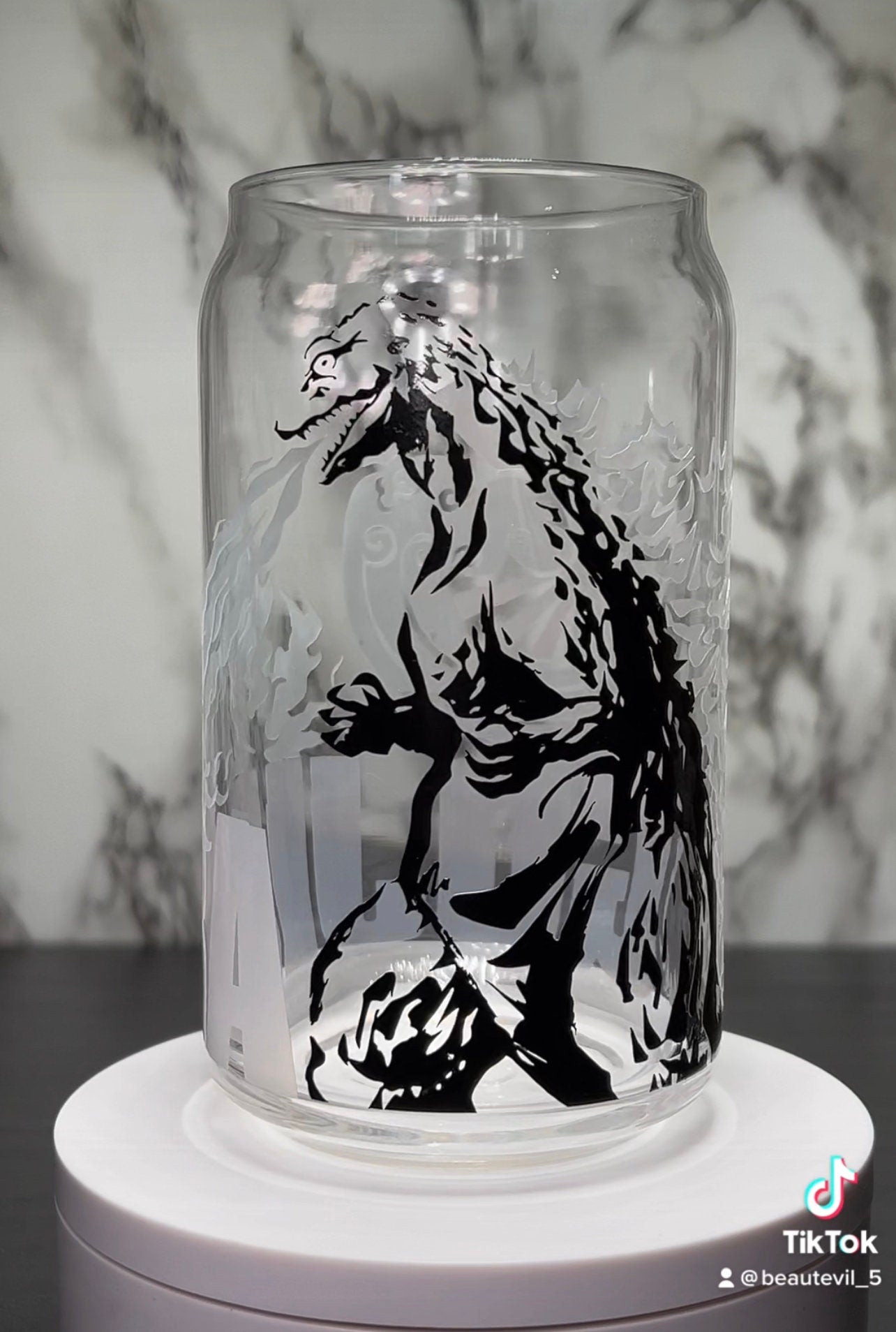 Gojira Godzilla color changing permanent vinyl on a libbey beer can glass