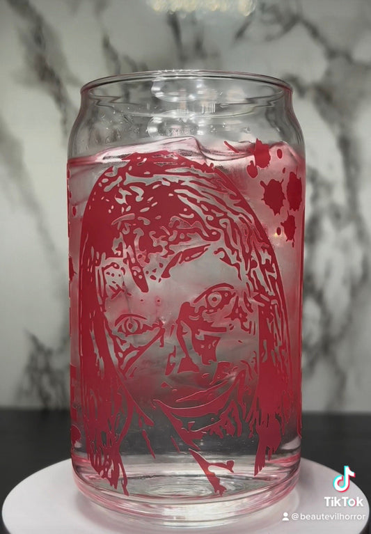 Evil Dead Rise Titty Sucking Parasite Bloody Cheese Grater color changing permanent vinyl on a libbey beer can glass