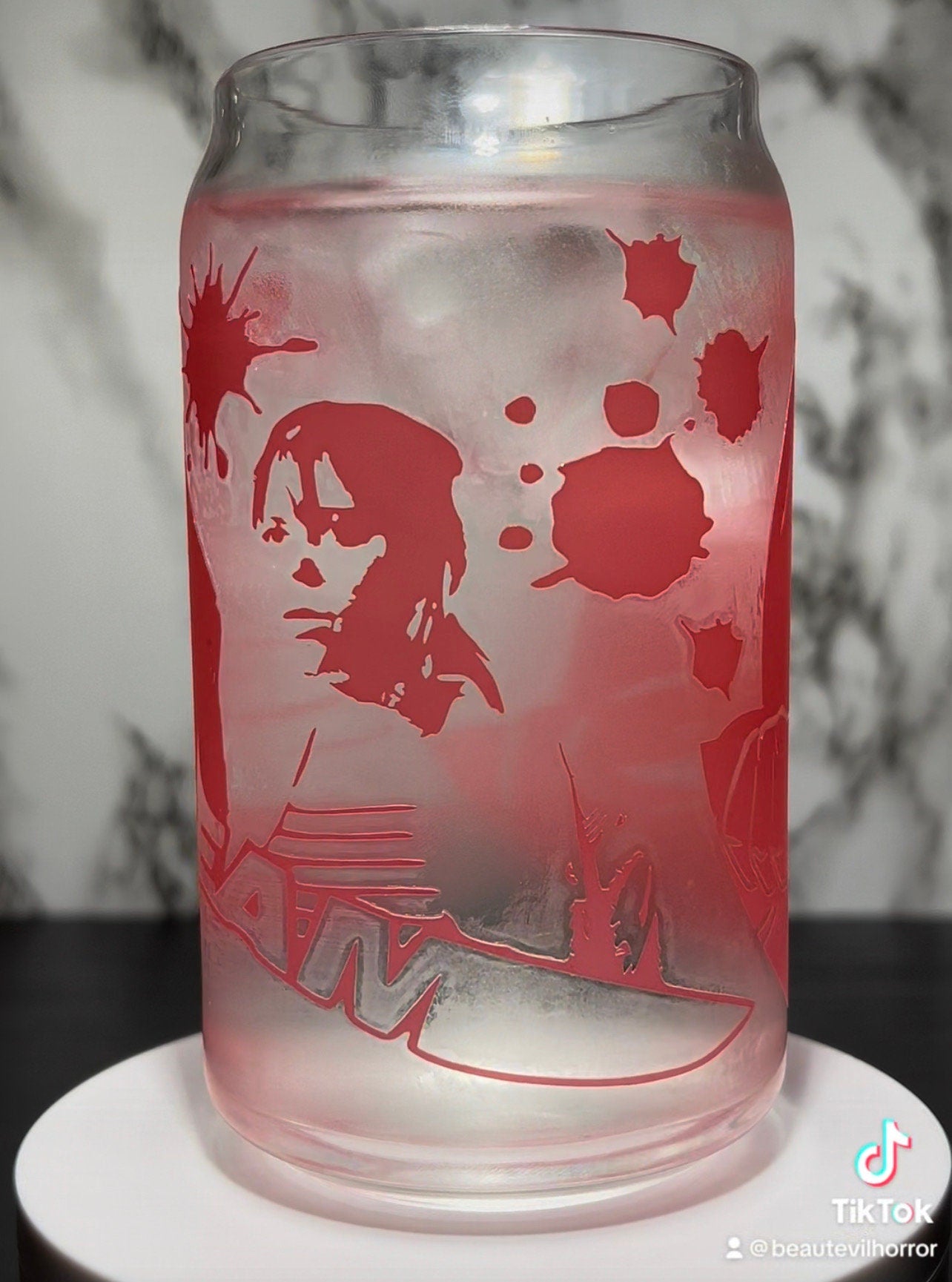 Scream Carpenter Sisters color changing red permanent vinyl on libbey beer can glass