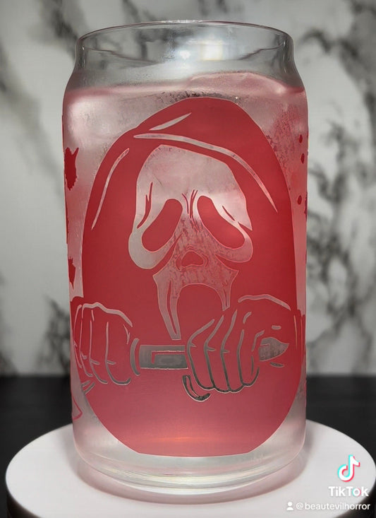 Scream Carpenter Sisters color changing red permanent vinyl on libbey beer can glass