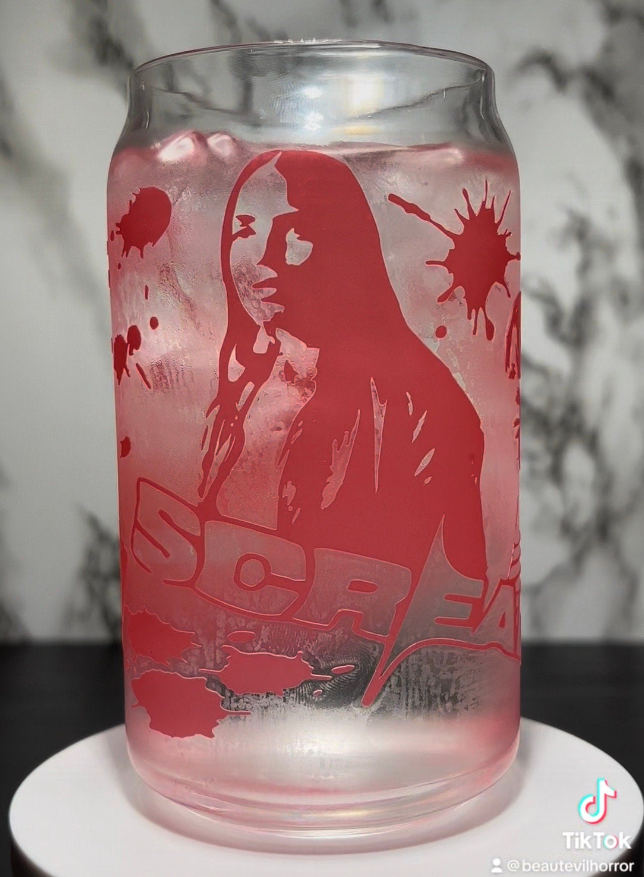 Scream Carpenter Sisters color changing red permanent vinyl on libbey beer can glass