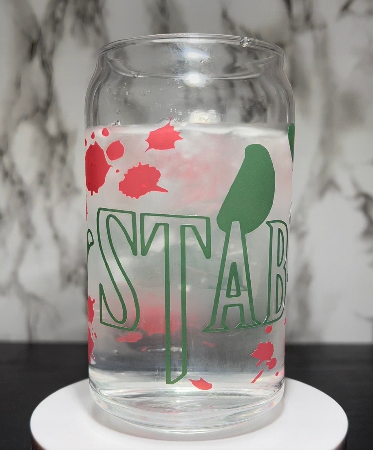 STAB A THON color changing green & red permanent vinyl on libbey beer can glass