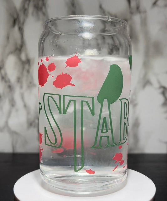 STAB A THON color changing green & red permanent vinyl on libbey beer can glass