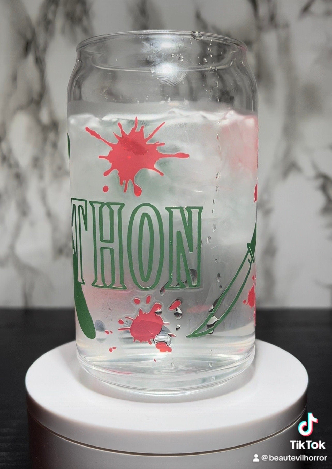 STAB A THON color changing green & red permanent vinyl on libbey beer can glass
