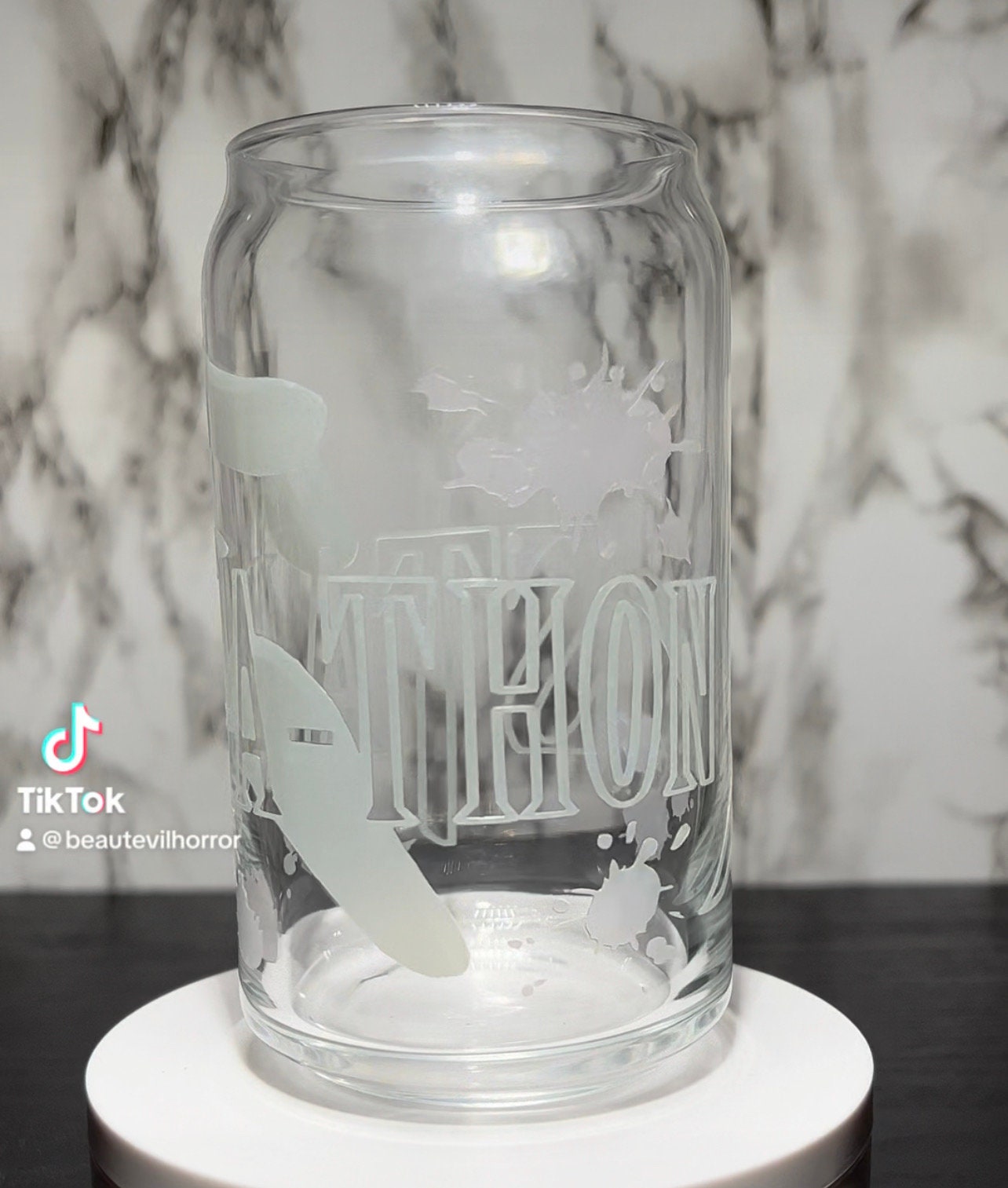 STAB A THON color changing green & red permanent vinyl on libbey beer can glass