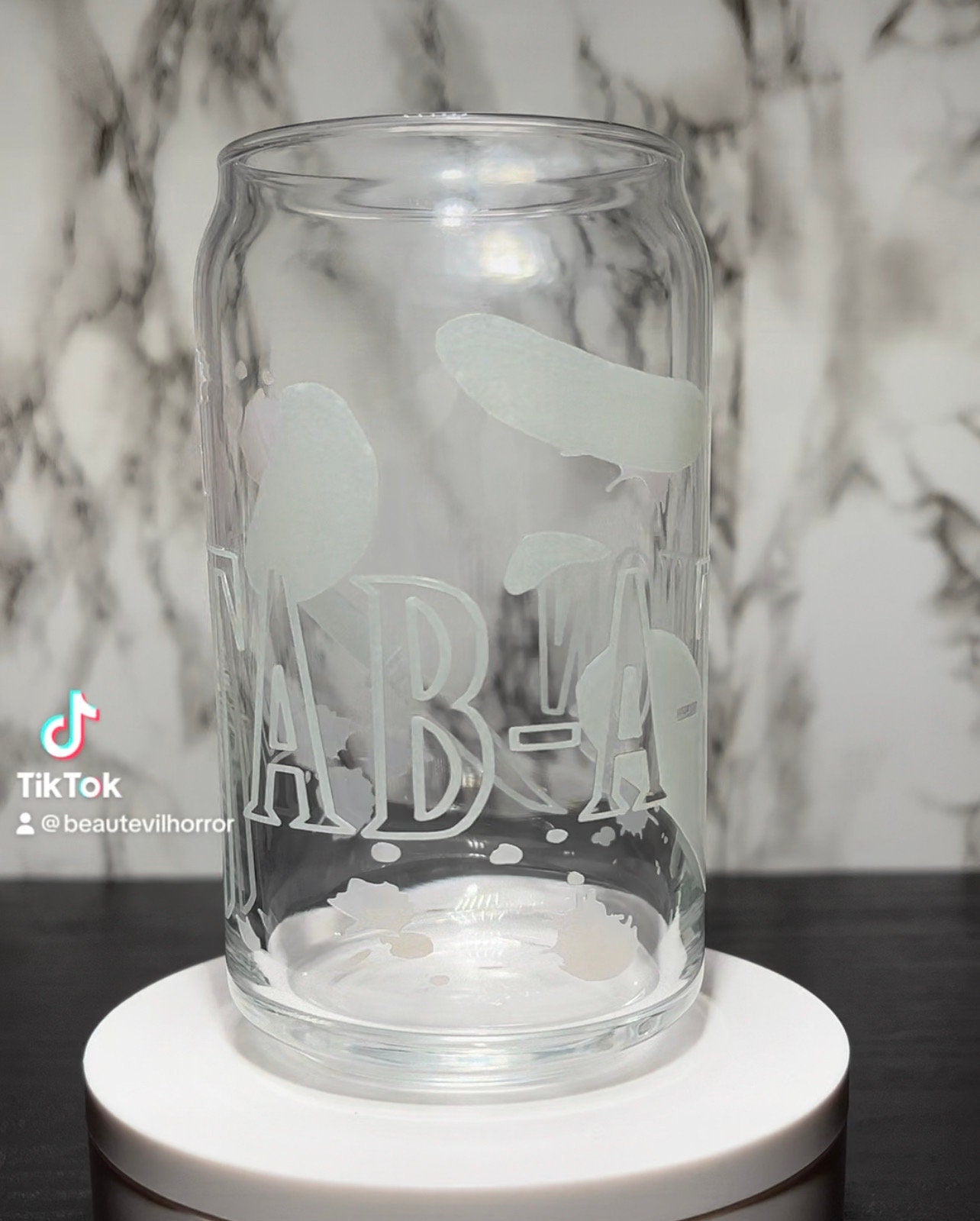 STAB A THON color changing green & red permanent vinyl on libbey beer can glass