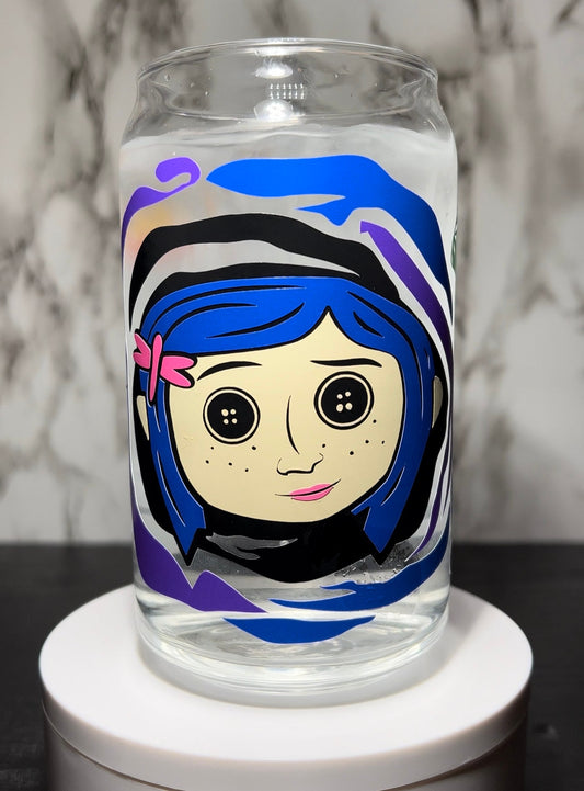 Coraline & Ghost children coloring changing permanent vinyl on a libbey beer can glass