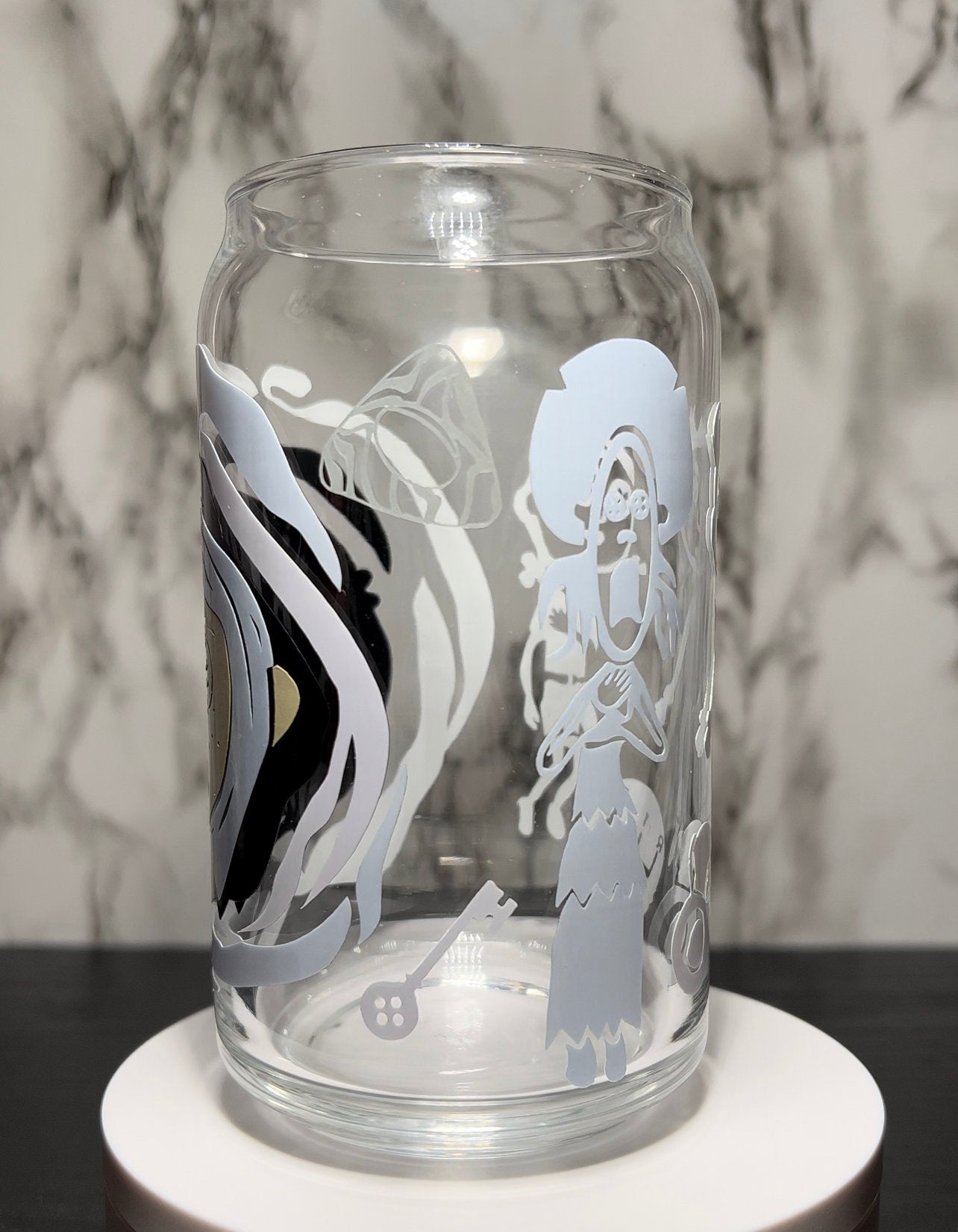 Coraline & Ghost children coloring changing permanent vinyl on a libbey beer can glass