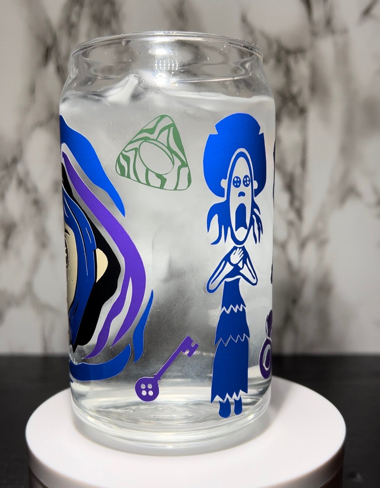 Coraline & Ghost children coloring changing permanent vinyl on a libbey beer can glass