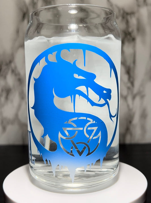 Sub Zero Mortal Kombat cold color changing permanent vinyl on a libbey beer can glass