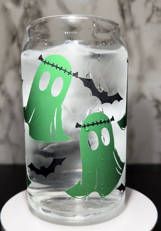Frankenstein Ghosts color changing green permanent vinyl on a libbey beer can glass