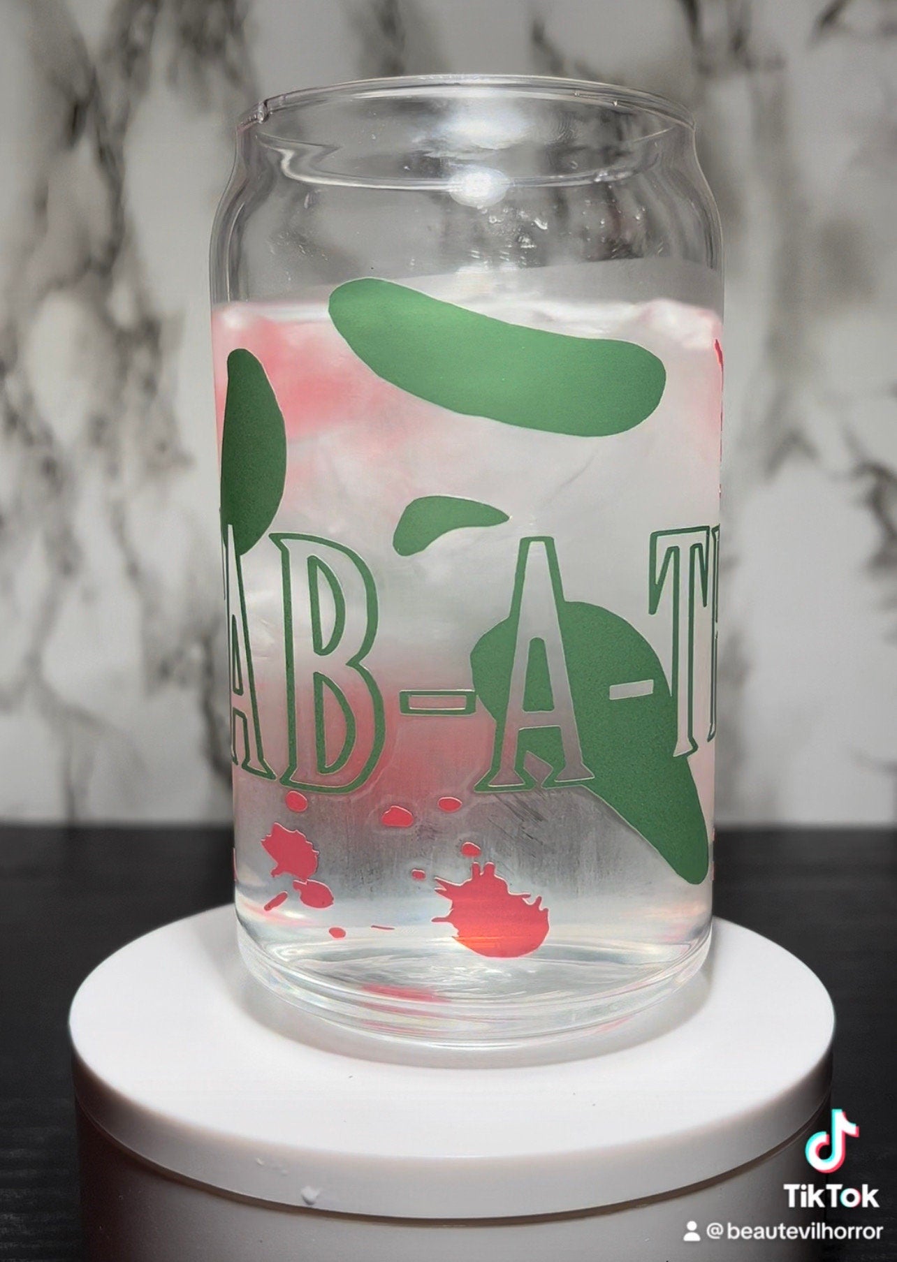 STAB A THON color changing green & red permanent vinyl on libbey beer can glass