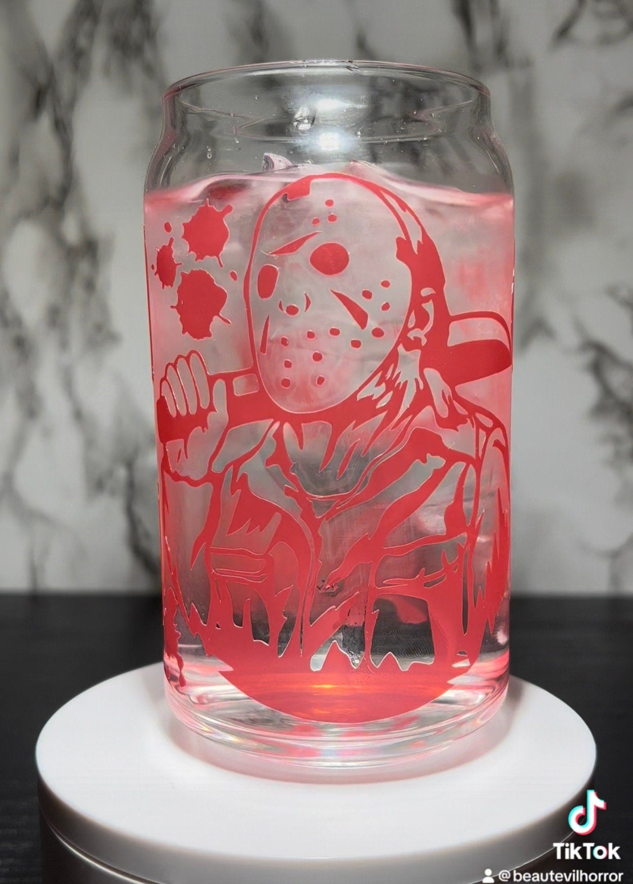 All RED Ch Ch Ch Ah Ah Ah Jason Voorhees Friday the 13th color changing permanent vinyl on libbey beer can glass