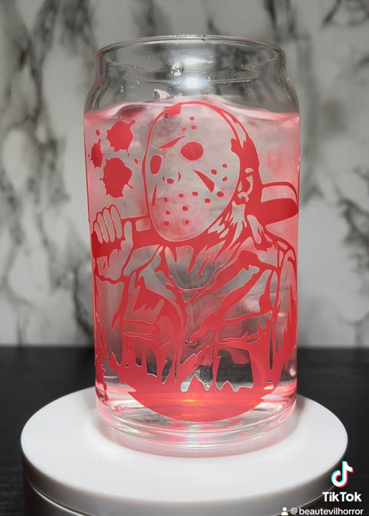 All RED Ch Ch Ch Ah Ah Ah Jason Voorhees Friday the 13th color changing permanent vinyl on libbey beer can glass