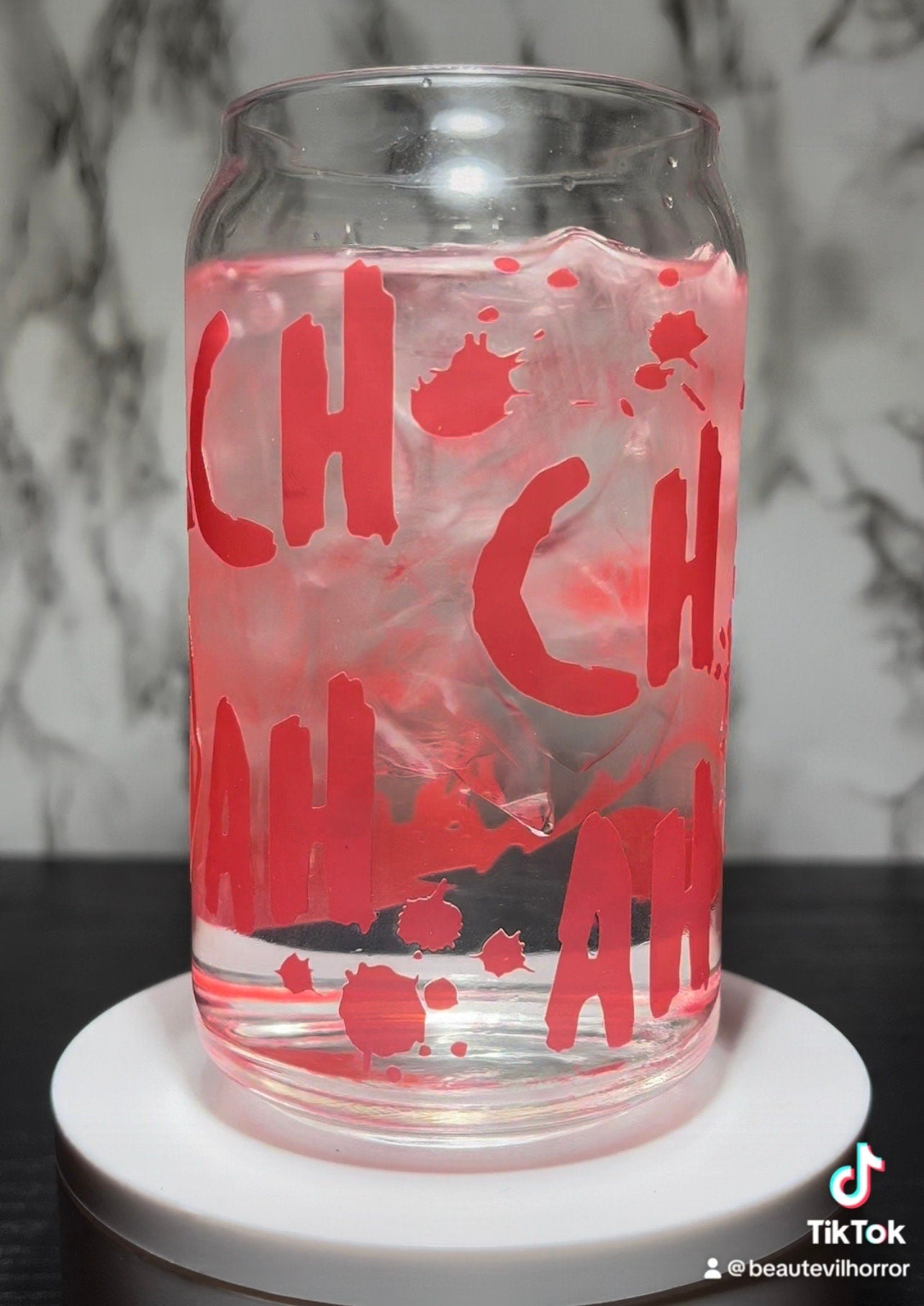 All RED Ch Ch Ch Ah Ah Ah Jason Voorhees Friday the 13th color changing permanent vinyl on libbey beer can glass