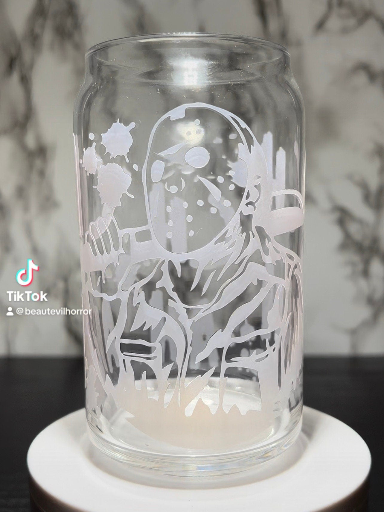 All RED Ch Ch Ch Ah Ah Ah Jason Voorhees Friday the 13th color changing permanent vinyl on libbey beer can glass