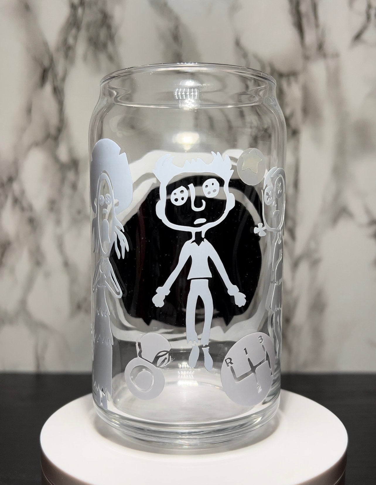 Coraline & Ghost children coloring changing permanent vinyl on a libbey beer can glass
