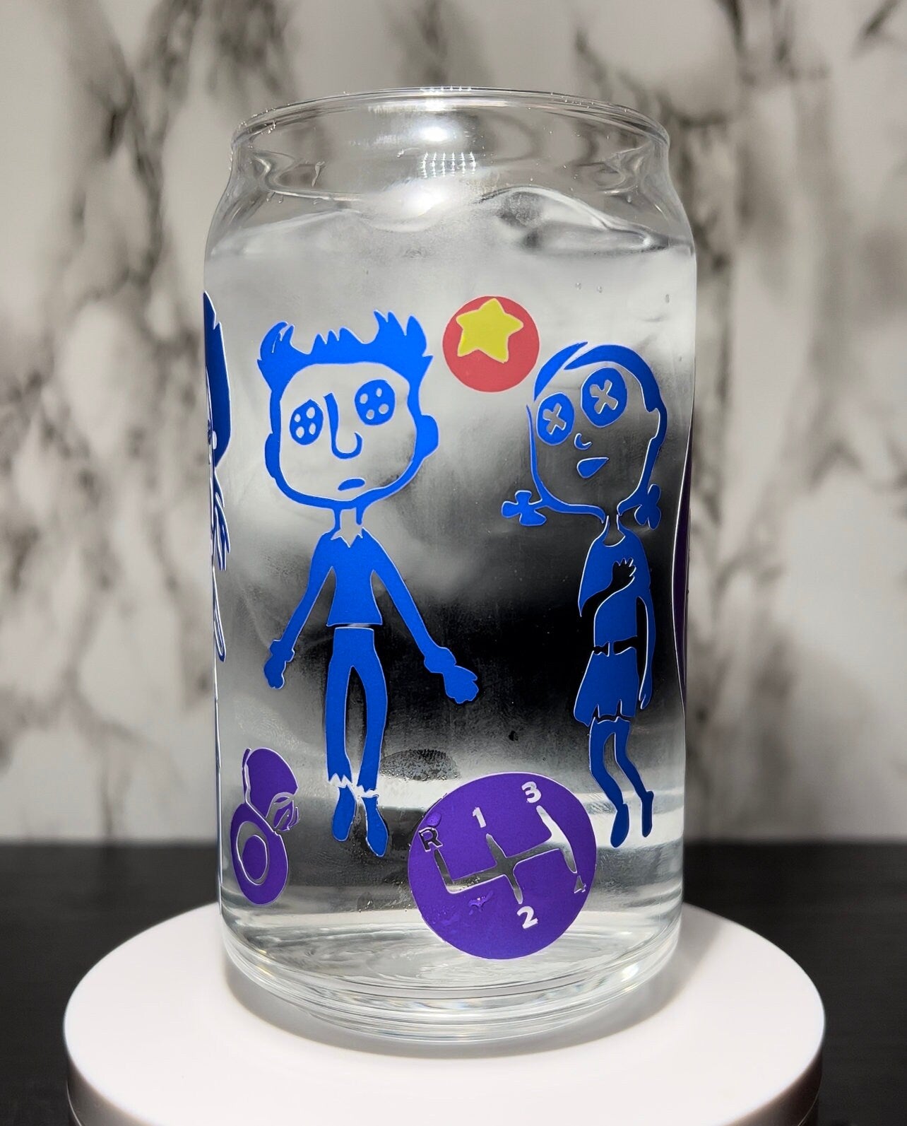 Coraline & Ghost children coloring changing permanent vinyl on a libbey beer can glass