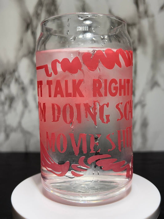 Can’t talk right now, doing horror movie shit Freddy Krueger phone color changing permanent vinyl on libbey beer can glass