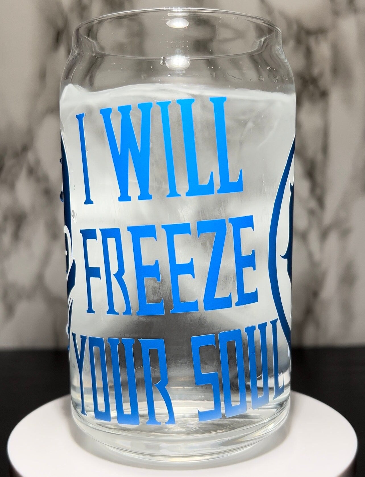 Sub Zero Mortal Kombat cold color changing permanent vinyl on a libbey beer can glass