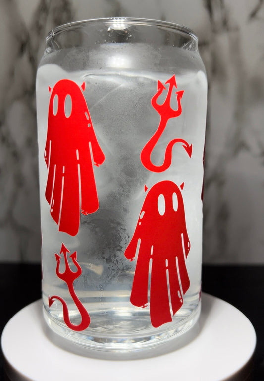 Devil Ghosts cold color changing permanent vinyl on a libbey beer can glass