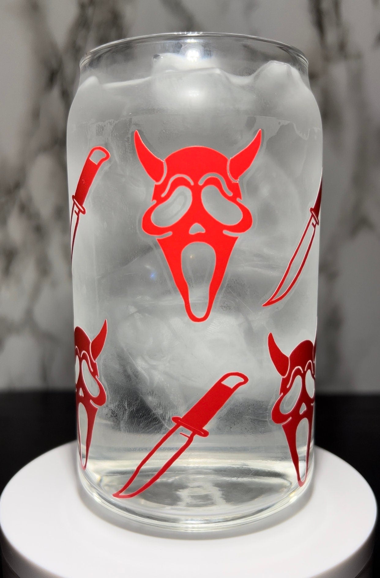 Devil Scream Ghostface color changing permanent vinyl on a libbey beer can glass