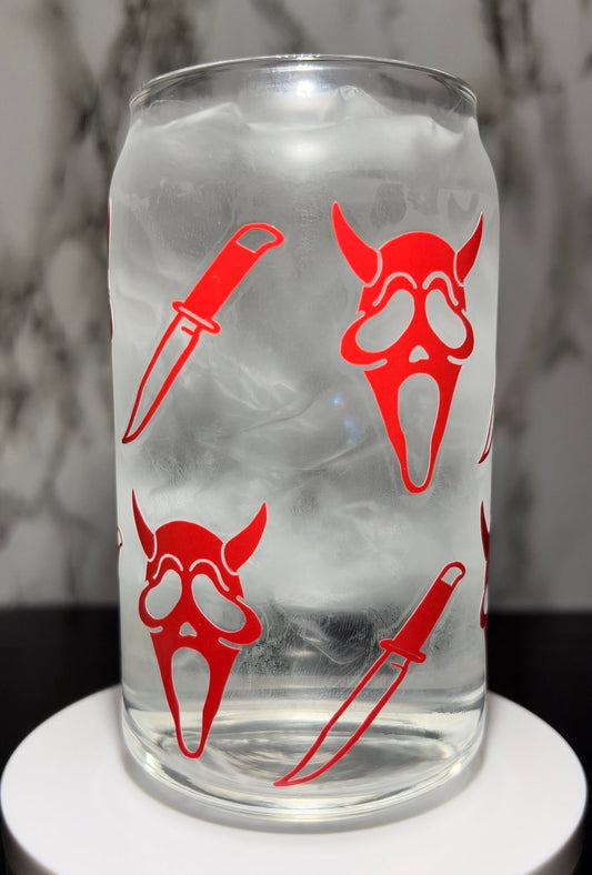 Devil Scream Ghostface color changing permanent vinyl on a libbey beer can glass