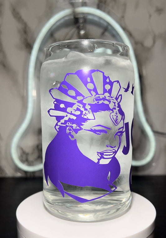 Queen of the Damned Akasha color changing permanent vinyl on a libbey beer can glass