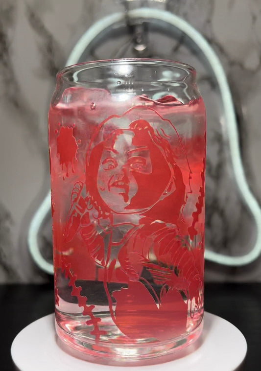 Child's Play Chucky cold color red changing permanent vinyl on a libbey beer can glass