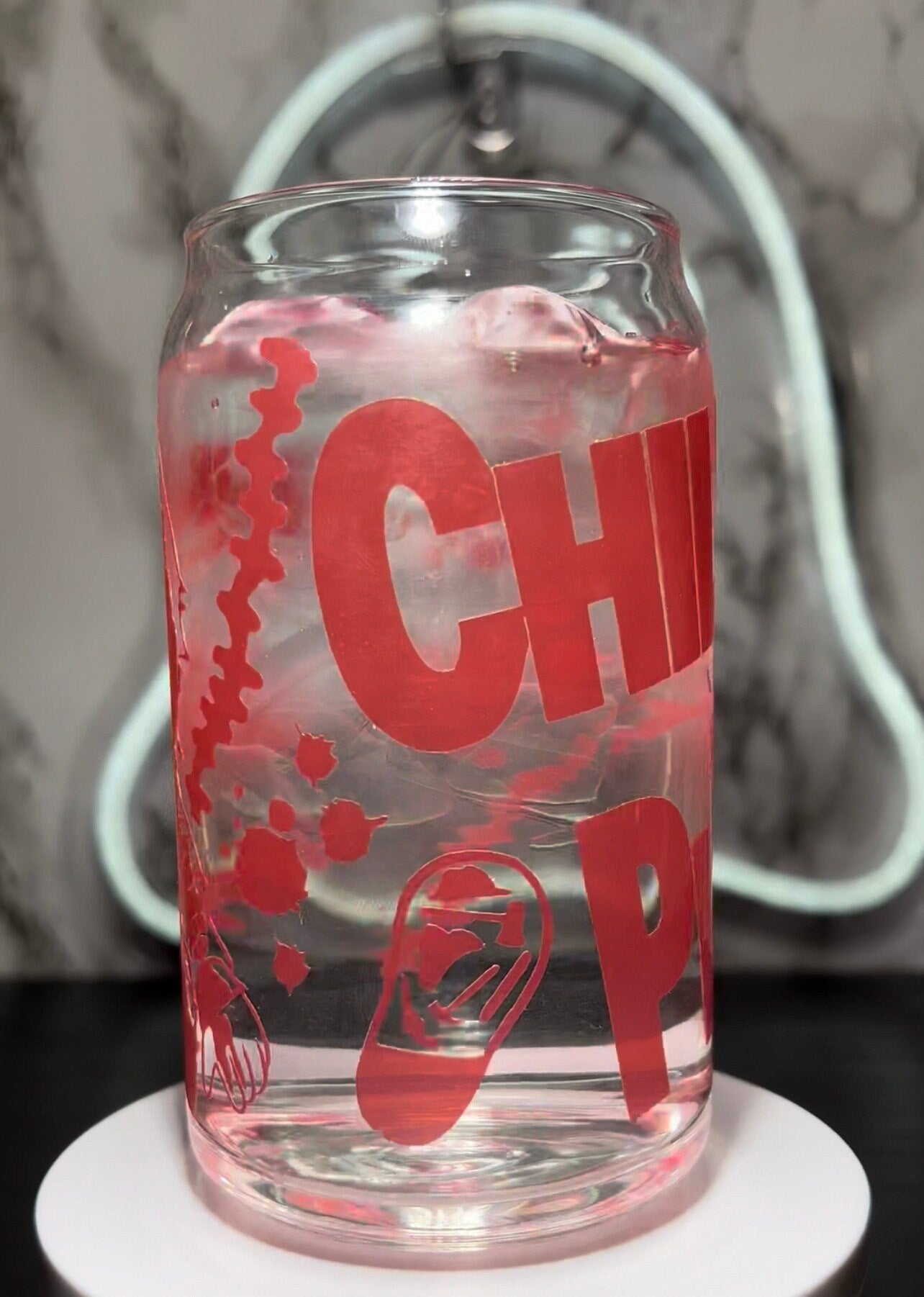 Child's Play Chucky cold color red changing permanent vinyl on a libbey beer can glass