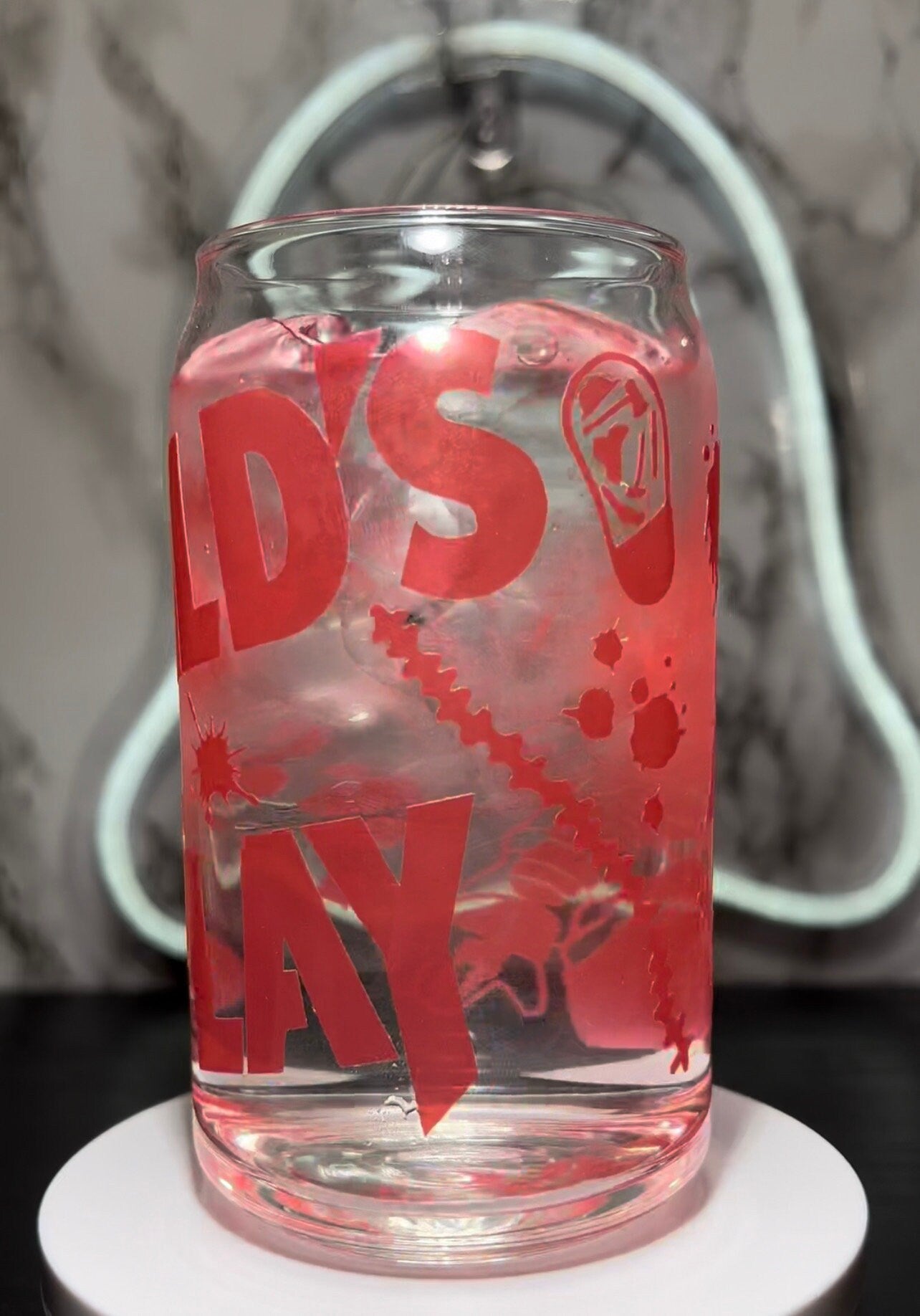 Child's Play Chucky cold color red changing permanent vinyl on a libbey beer can glass