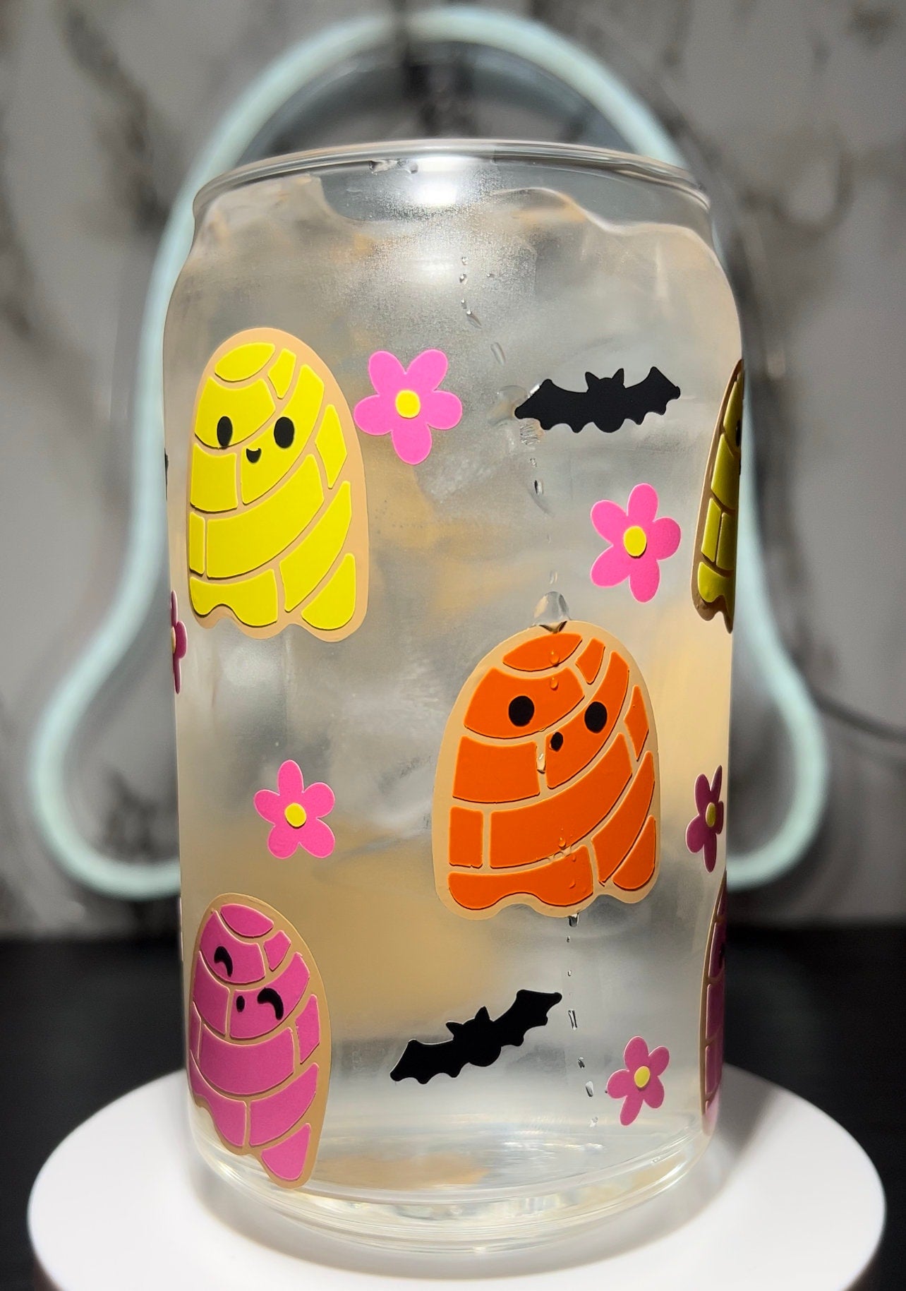 Ghost Conchas color changing permanent vinyl on a libbey beer can glass