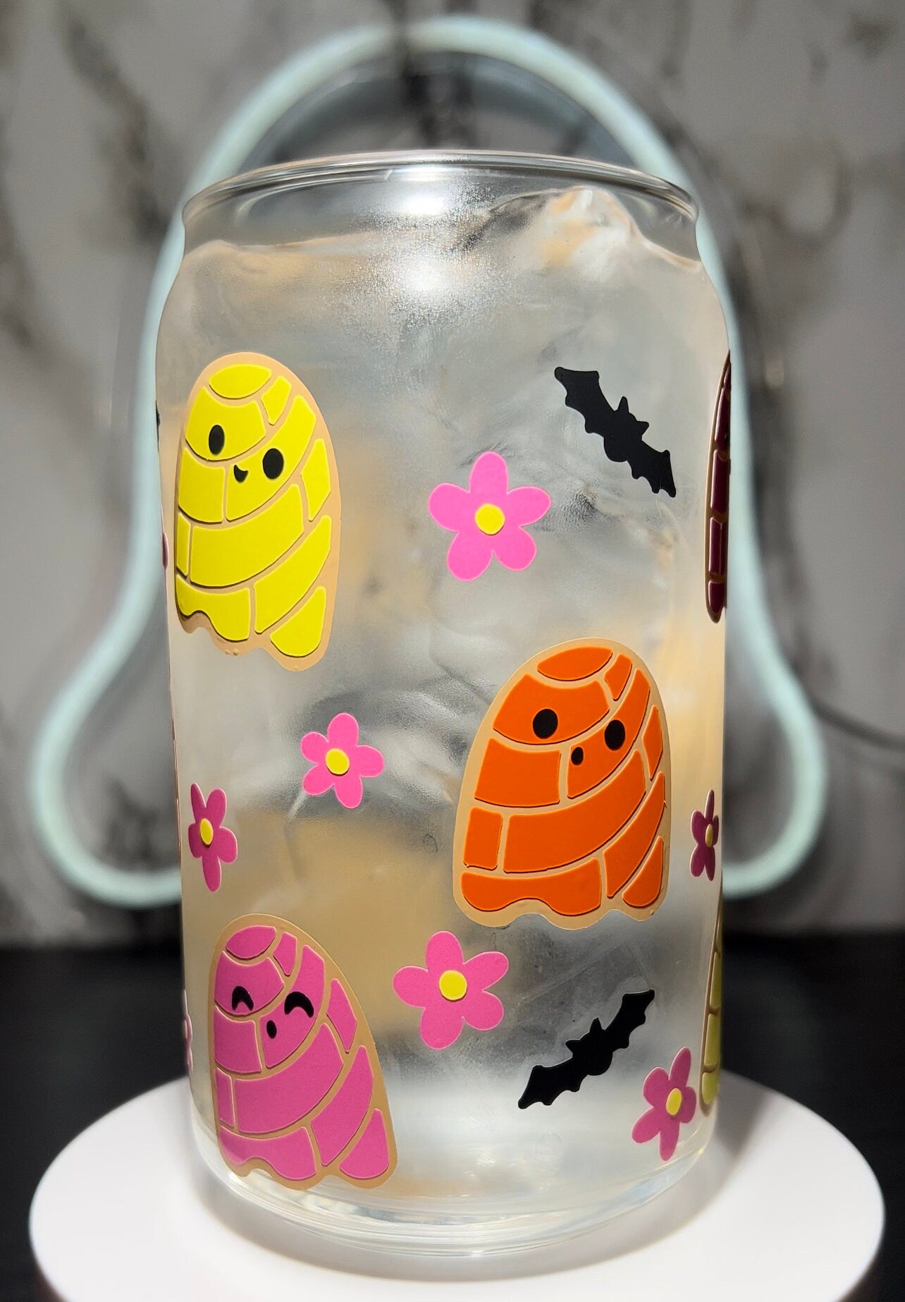 Ghost Conchas color changing permanent vinyl on a libbey beer can glass