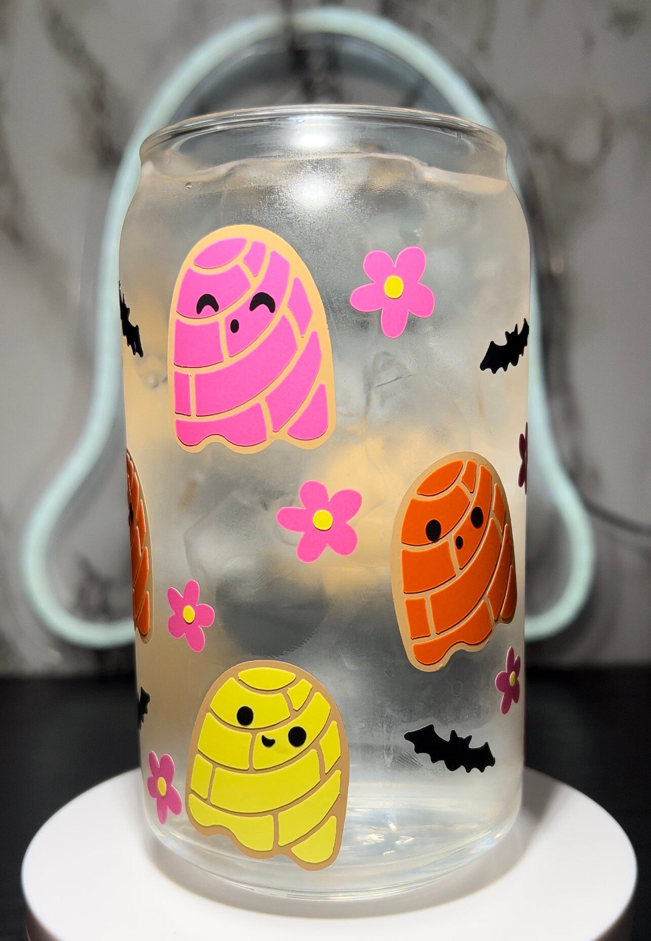 Ghost Conchas color changing permanent vinyl on a libbey beer can glass