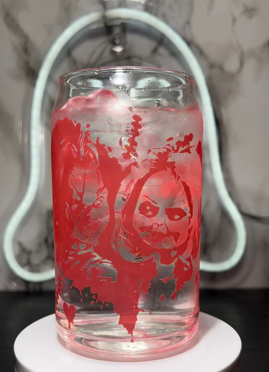 Bride of Chucky- Cold color red changing permanent vinyl Child’s Play Chucky & Tiffany-Libbey beer can glass