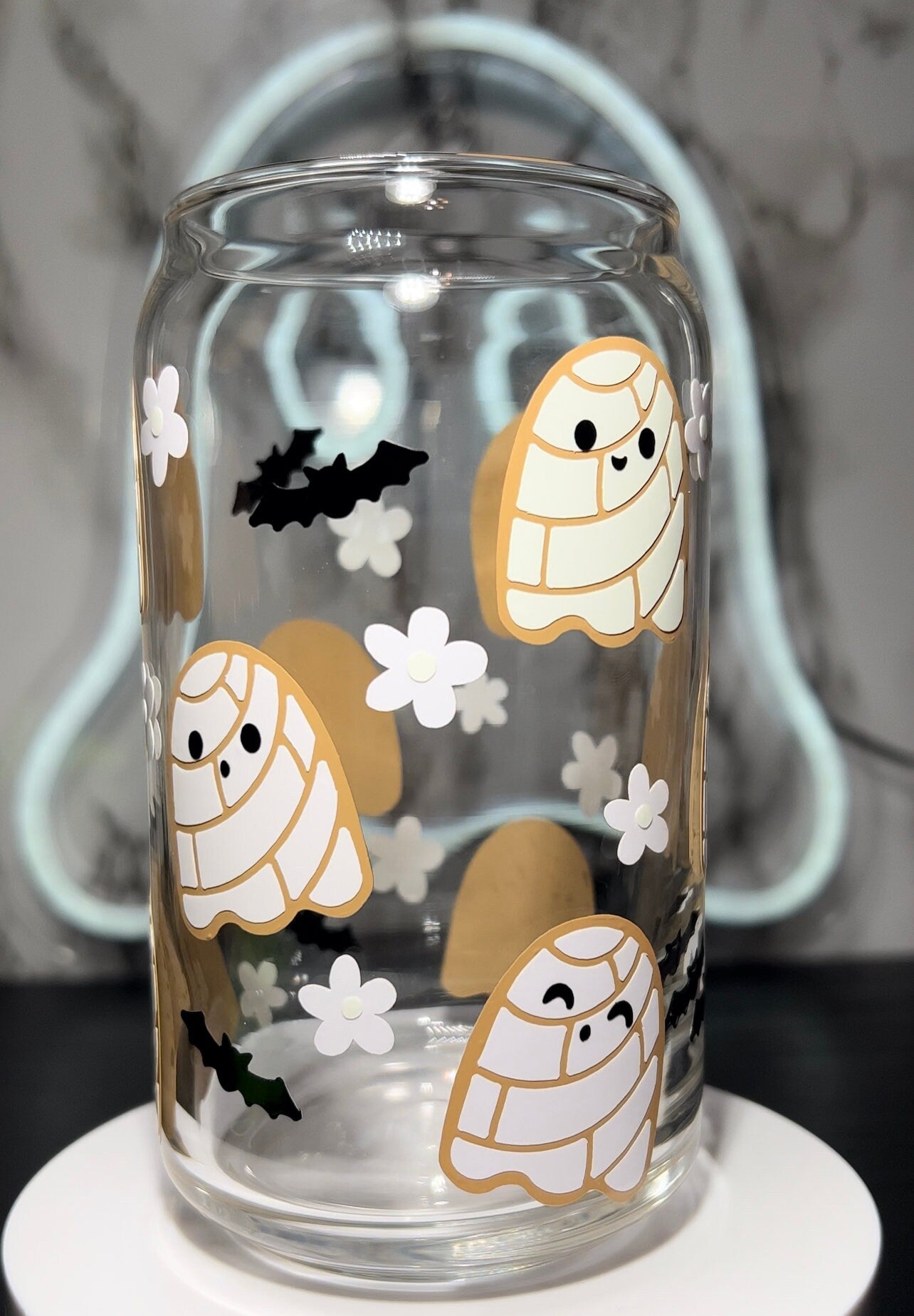 Ghost Conchas color changing permanent vinyl on a libbey beer can glass