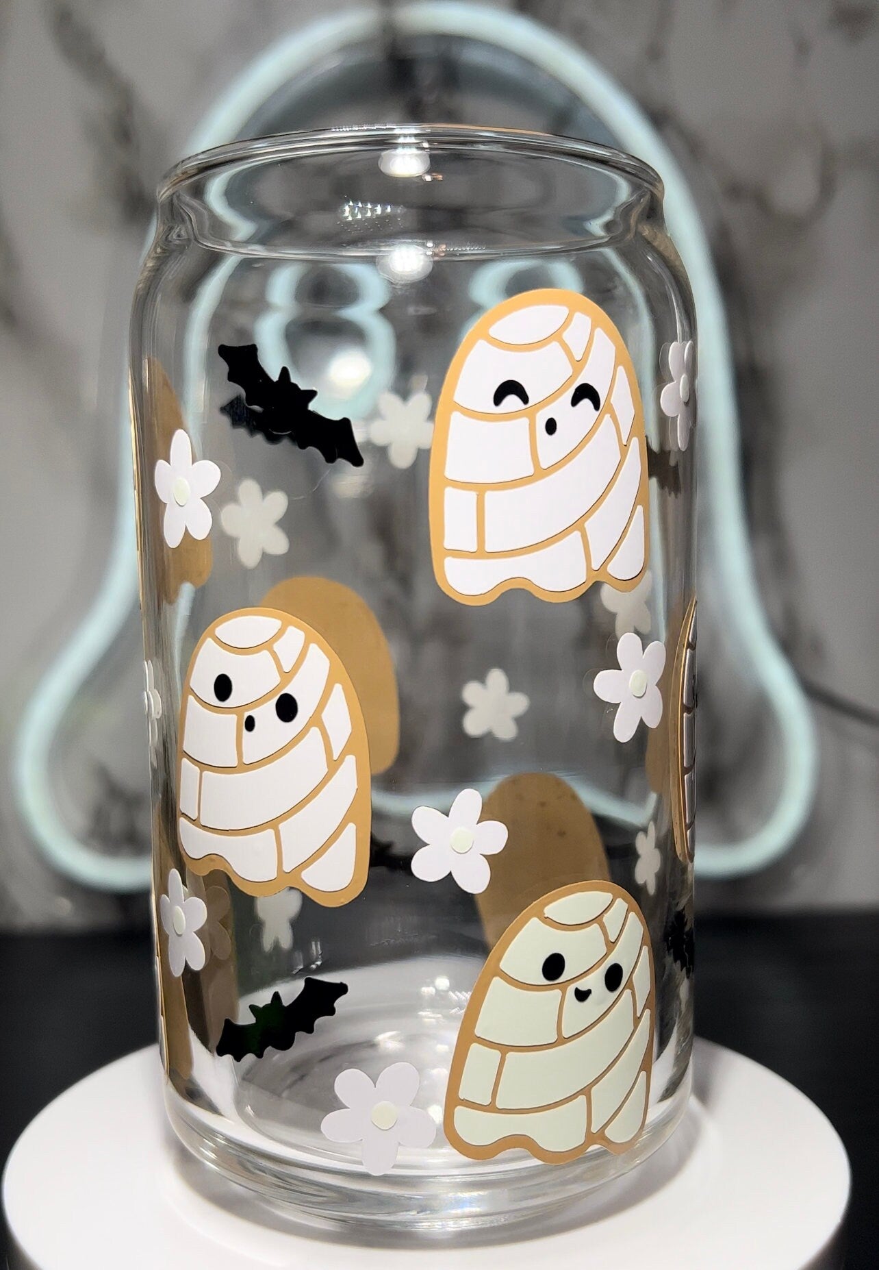 Ghost Conchas color changing permanent vinyl on a libbey beer can glass