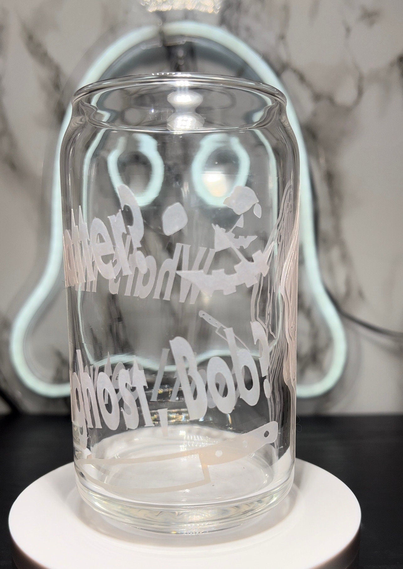 Ghost Bob Halloween Michael Myers color changing orange permanent vinyl on libbey beer can glass
