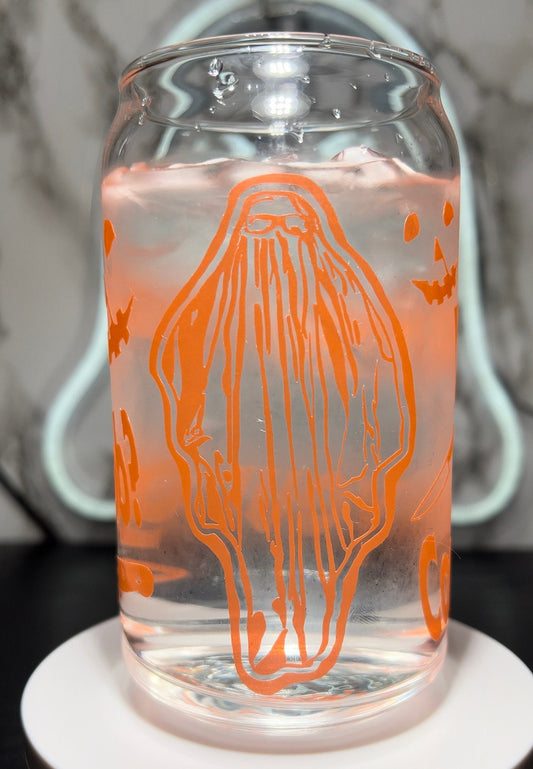 Ghost Bob Halloween Michael Myers color changing orange permanent vinyl on libbey beer can glass