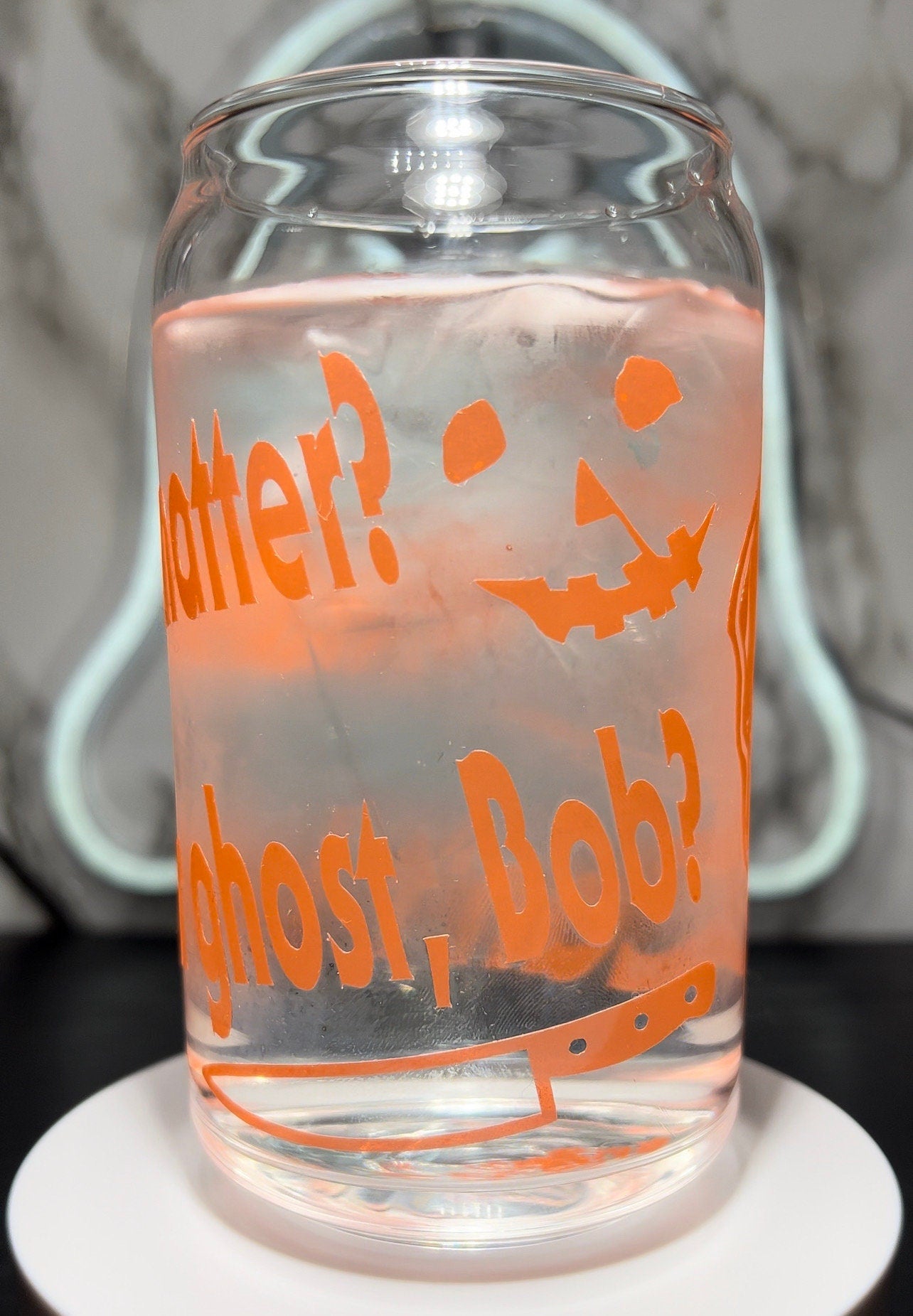 Ghost Bob Halloween Michael Myers color changing orange permanent vinyl on libbey beer can glass