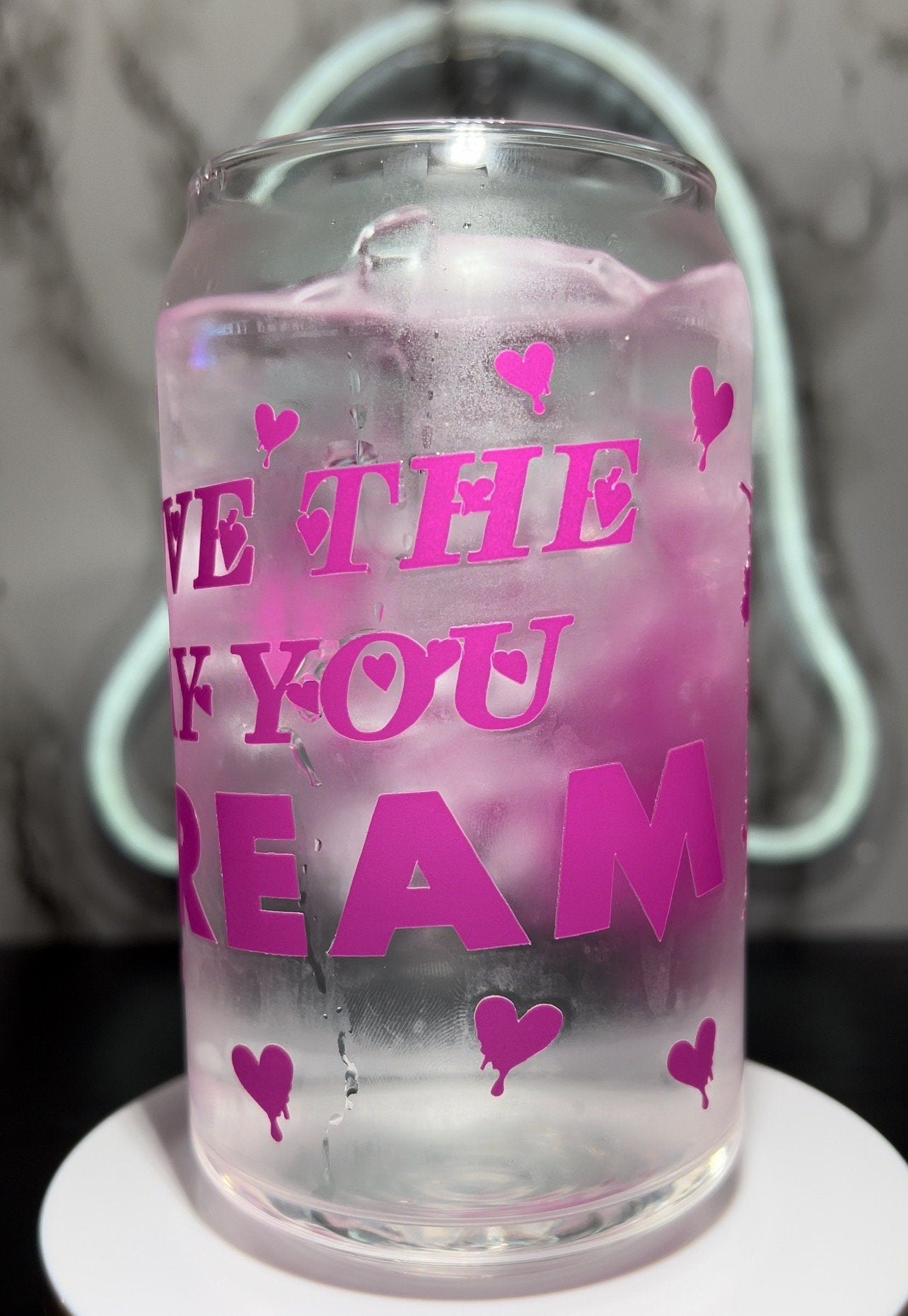 Valentine's Day Scream Ghostface cold rose pink color changing permanent vinyl on a libbey beer can glass.
