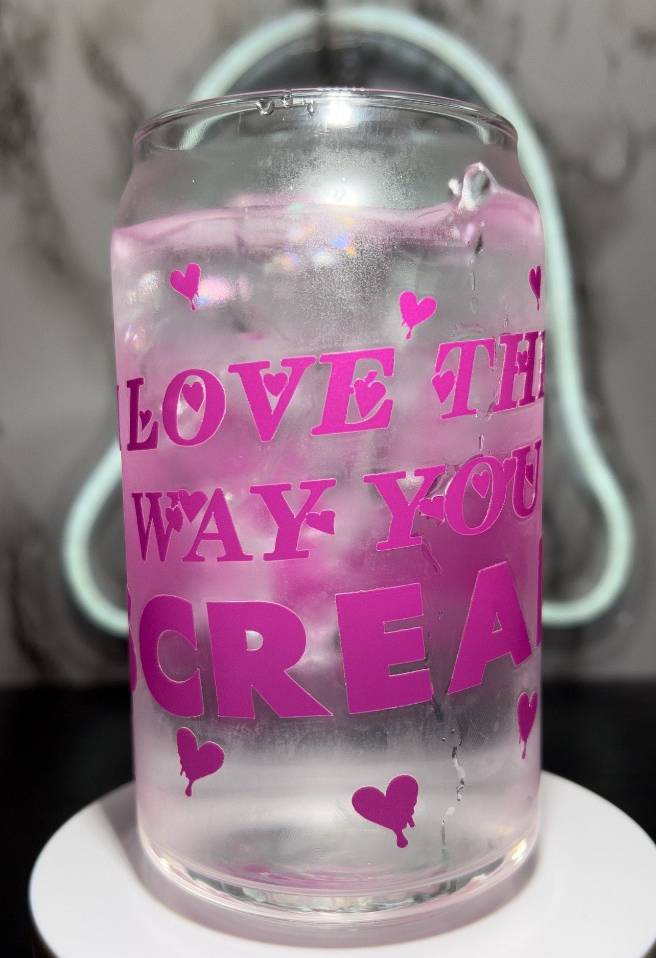 Valentine's Day Scream Ghostface cold rose pink color changing permanent vinyl on a libbey beer can glass.