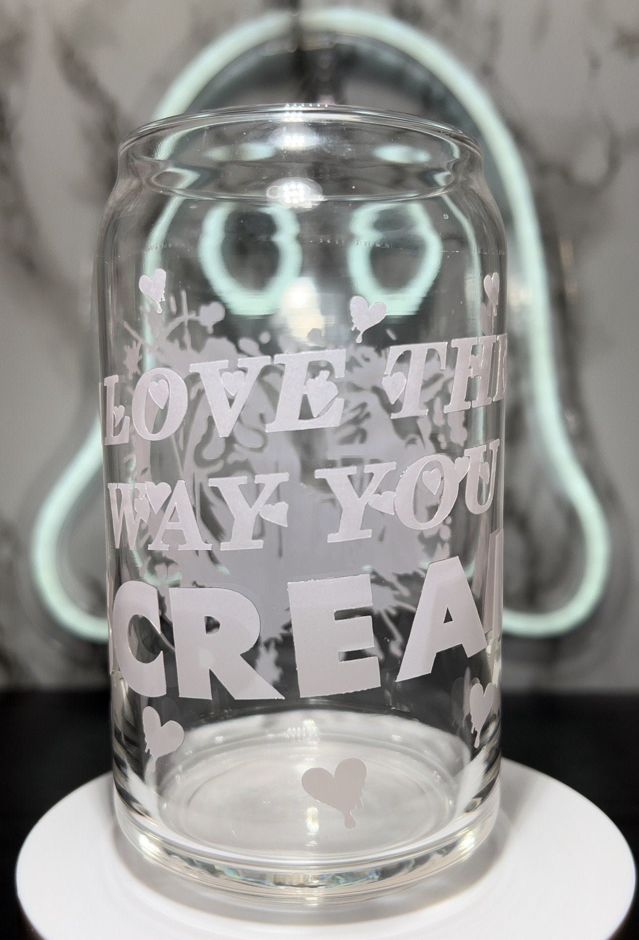 Valentine's Day Scream Ghostface cold rose pink color changing permanent vinyl on a libbey beer can glass.