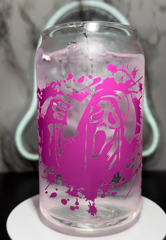Valentine's Day Scream Ghostface cold rose pink color changing permanent vinyl on a libbey beer can glass.