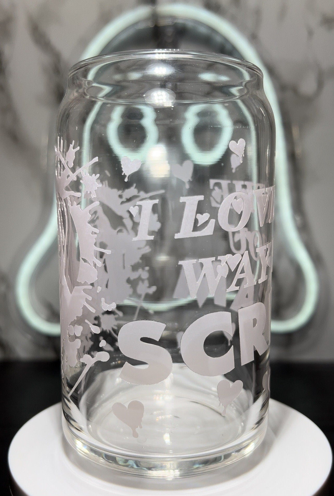 Valentine's Day Scream Ghostface cold rose pink color changing permanent vinyl on a libbey beer can glass.