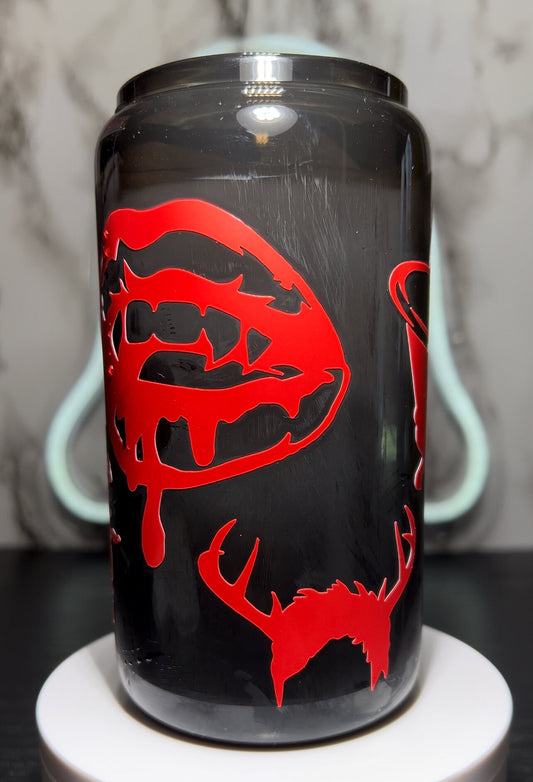 Saltburn color changing permanent vinyl on a all black beer can glass