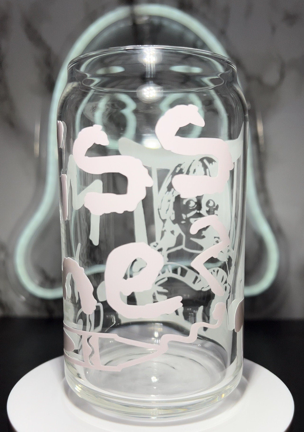 Annabelle The Conjuring color changing red permanent vinyl on a libbey beer can glass