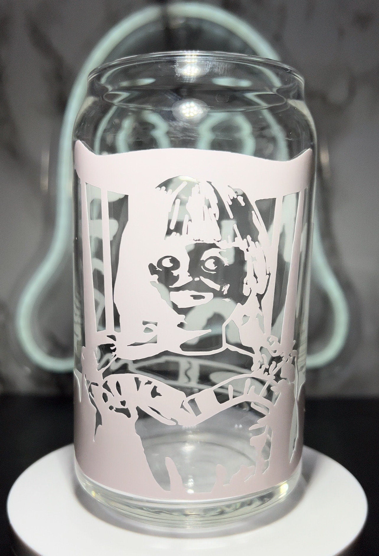 Annabelle The Conjuring color changing red permanent vinyl on a libbey beer can glass